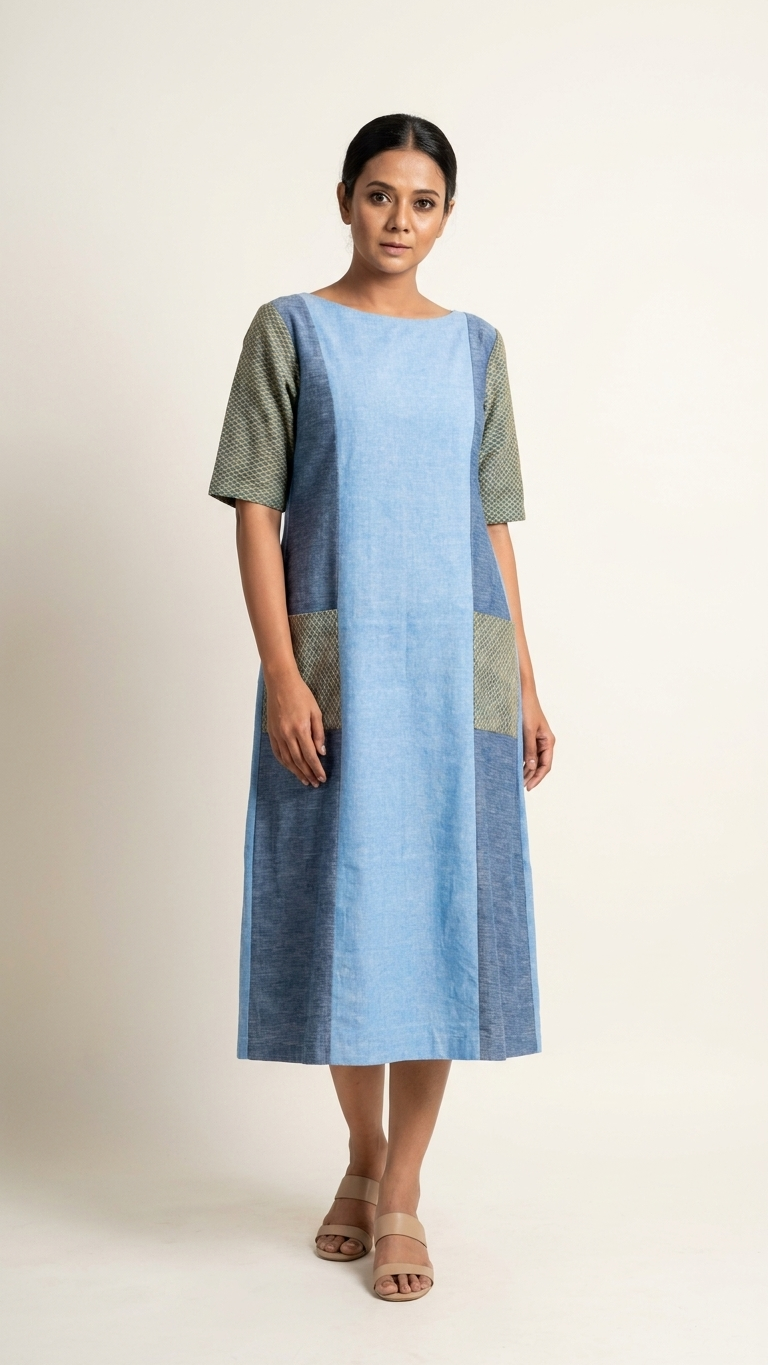 Azure Long Dress | Handwoven Organic Cotton Colour-Block Dress