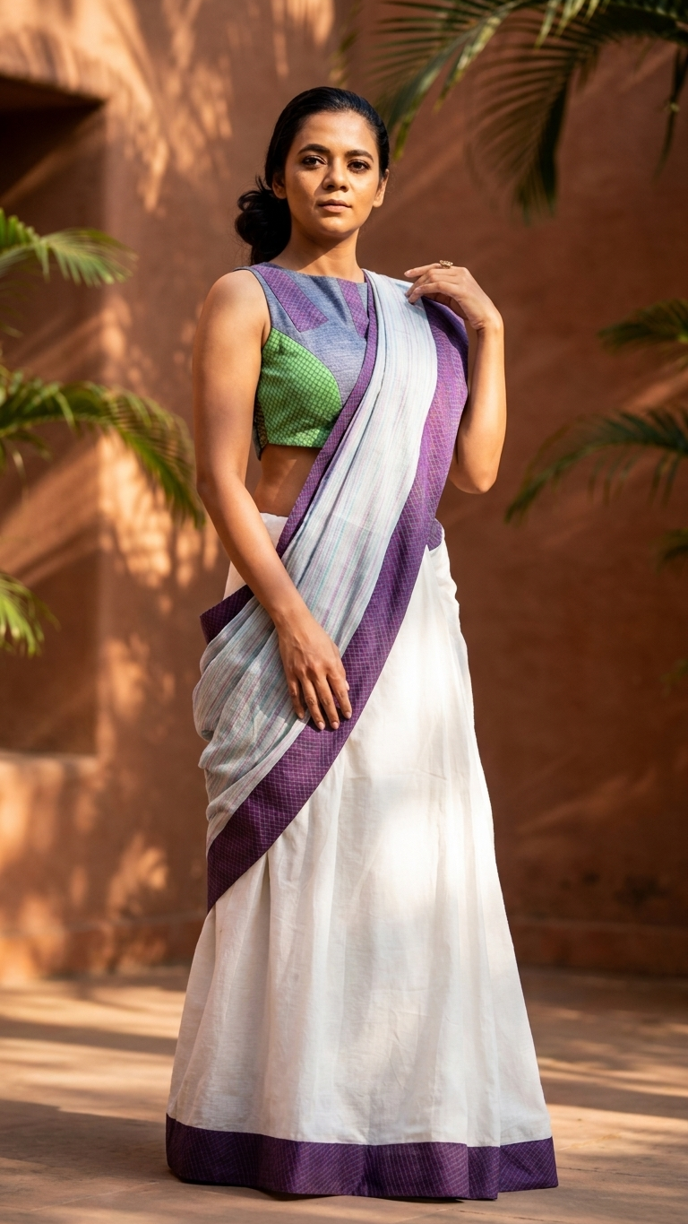 Chalk & Granite Sari | Handwoven Organic Cotton Colour-Block Sari