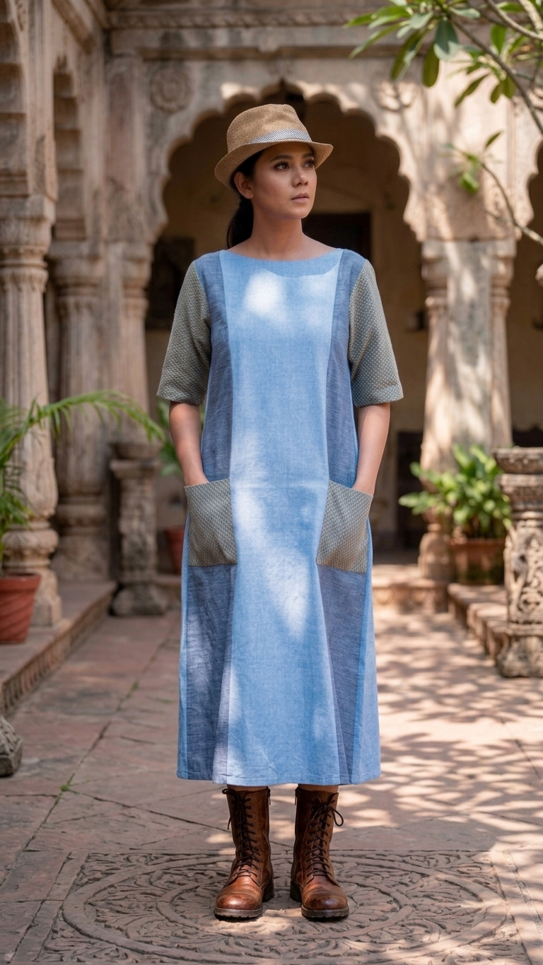 Azure Long Dress | Handwoven Organic Cotton Colour-Block Dress