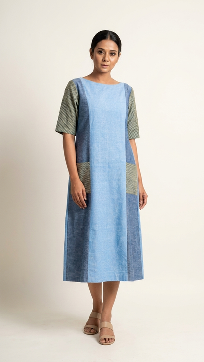 Azure Long Dress | Handwoven Organic Cotton Colour-Block Dress