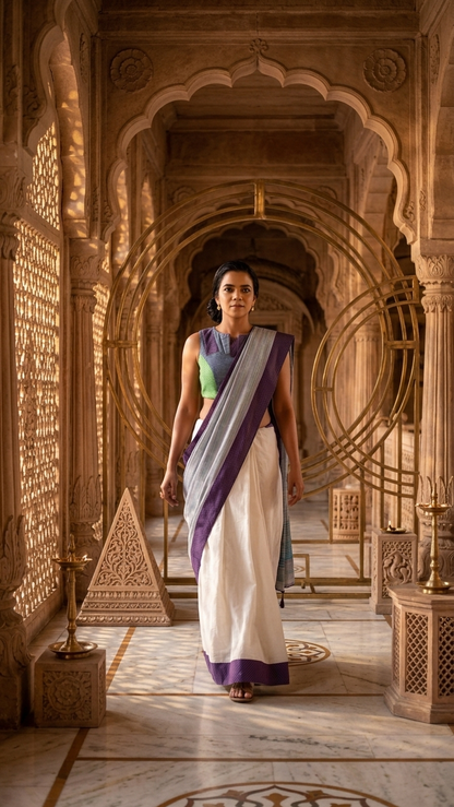 Chalk & Granite Sari | Handwoven Organic Cotton Colour-Block Sari