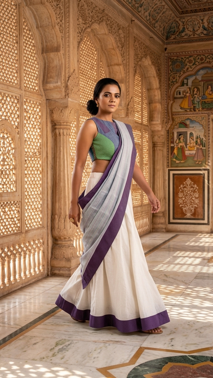 Chalk & Granite Sari | Handwoven Organic Cotton Colour-Block Sari