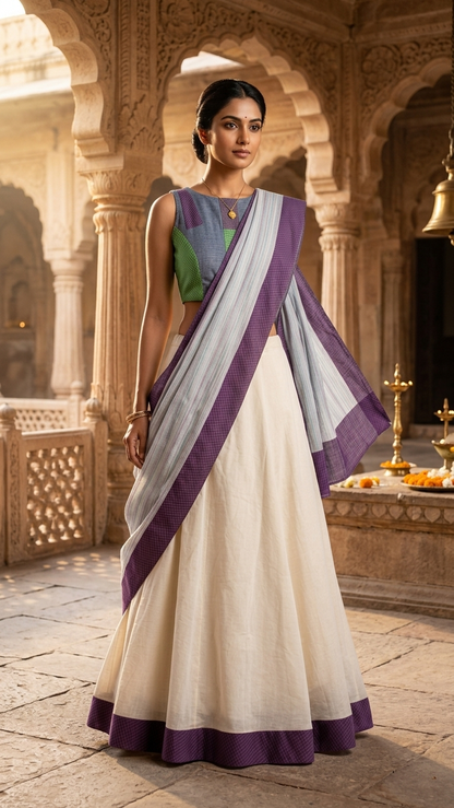 Chalk & Granite Sari | Handwoven Organic Cotton Colour-Block Sari