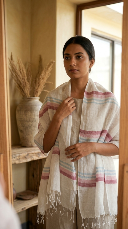 Nila Gulabi Linen Stole | Handwoven Linen Stole