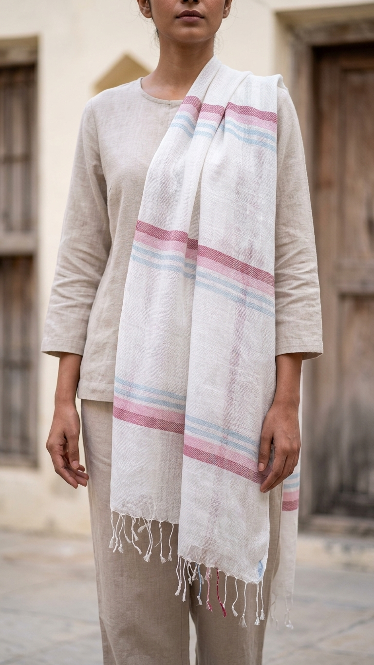Nila Gulabi Linen Stole | Handwoven Linen Stole