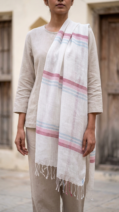 Nila Gulabi Linen Stole | Handwoven Linen Stole